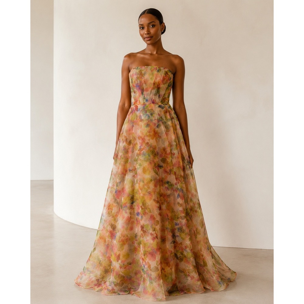 Theia Renaissance Floral Gown Multicolor Strapless Organza Formal SZ 4 New